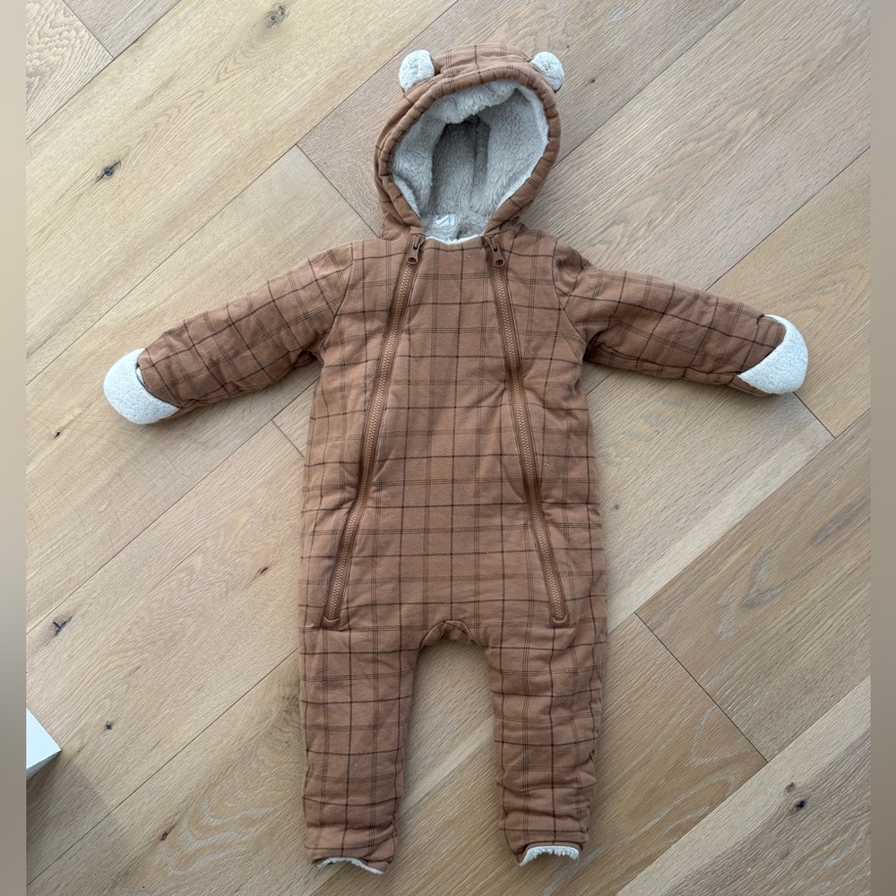 Baby Gap Brown Plaid Print Bear Winter Bunting Suit